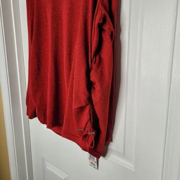 Michael Kors Sweater Women's Red Metallic Ruche Sides Cowl Neck Pullover Sz 2X - Picture 4 of 12